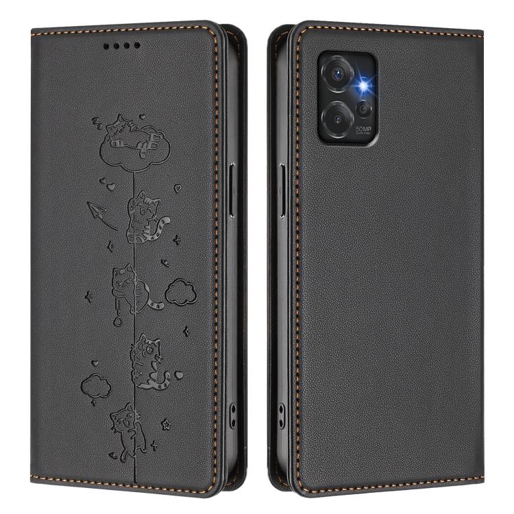 For Motorola Moto G Power 2023 5G Cute Cats Embossed Magnetic RFID Vegan Leather Phone Case