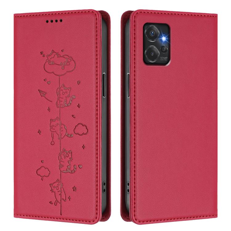 For Motorola Moto G Power 2023 5G Cute Cats Embossed Magnetic RFID Vegan Leather Phone Case