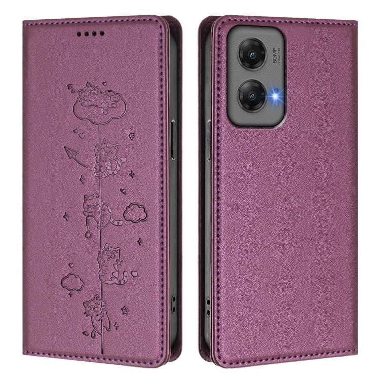 For Motorola Moto G Stylus 5G 2024 Cute Cats Embossed Magnetic RFID Vegan Leather Phone Case