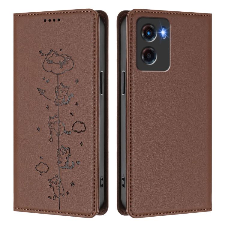 For Motorola Moto G05 / E15 Cute Cats Embossed Magnetic RFID Vegan Leather Phone Case