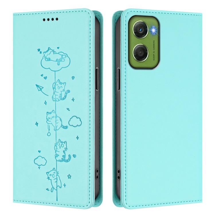 For Motorola Moto G06 4G / G06 Power Cute Cats Embossed Magnetic RFID Vegan Leather Phone Case