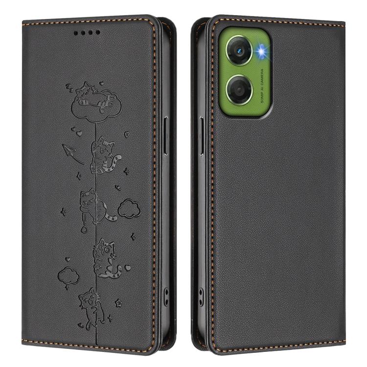 For Motorola Moto G06 4G / G06 Power Cute Cats Embossed Magnetic RFID Vegan Leather Phone Case