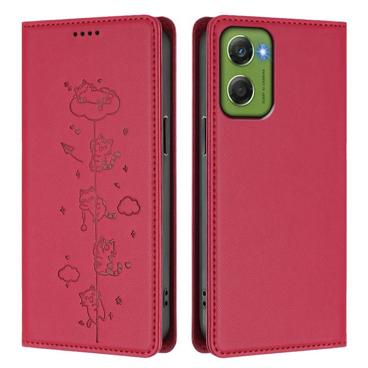 For Motorola Moto G06 4G / G06 Power Cute Cats Embossed Magnetic RFID Vegan Leather Phone Case
