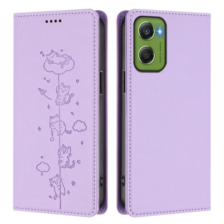 For Motorola Moto G06 4G / G06 Power Cute Cats Embossed Magnetic RFID Vegan Leather Phone Case