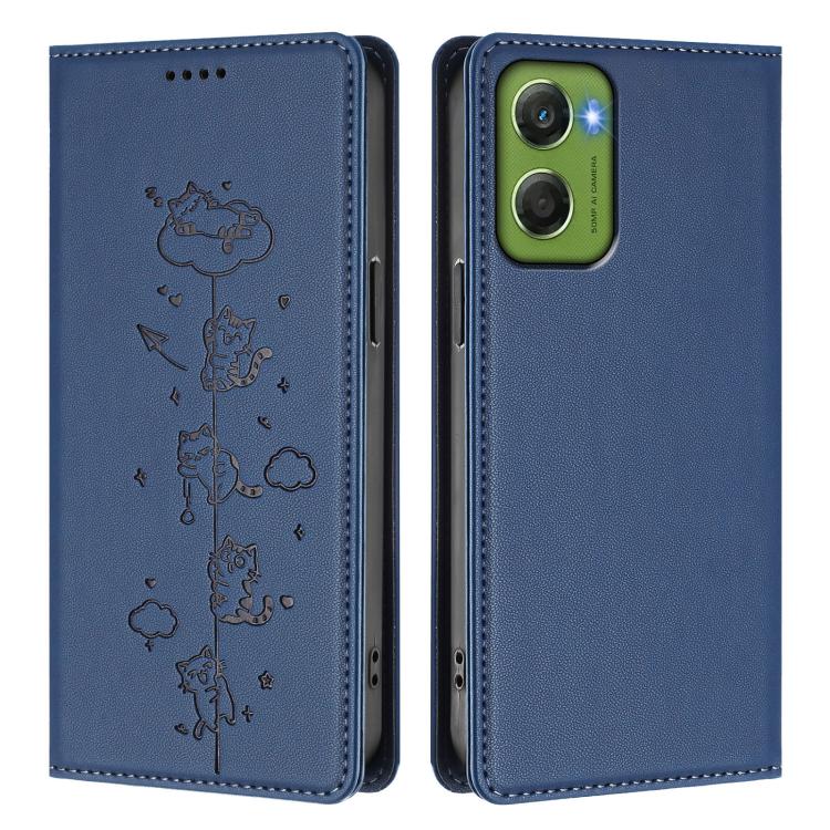 For Motorola Moto G06 4G / G06 Power Cute Cats Embossed Magnetic RFID Vegan Leather Phone Case