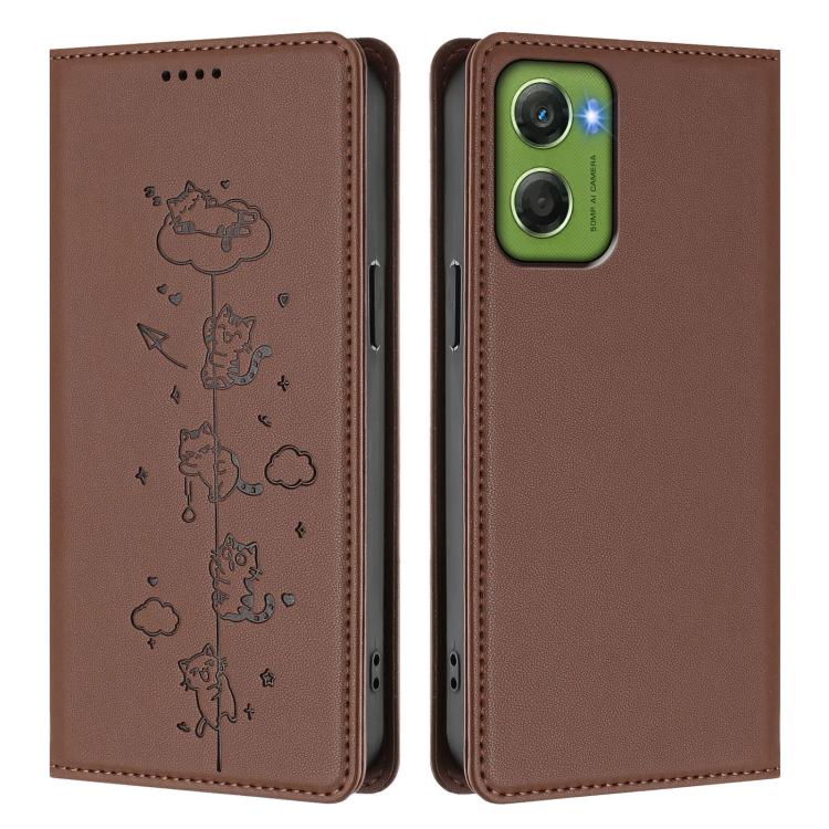 For Motorola Moto G06 4G / G06 Power Cute Cats Embossed Magnetic RFID Vegan Leather Phone Case