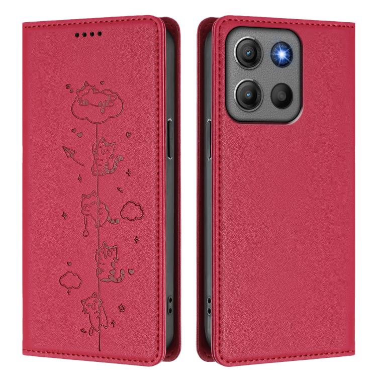 For Motorola Moto G15 / G15 Power Cute Cats Embossed Magnetic RFID Vegan Leather Phone Case