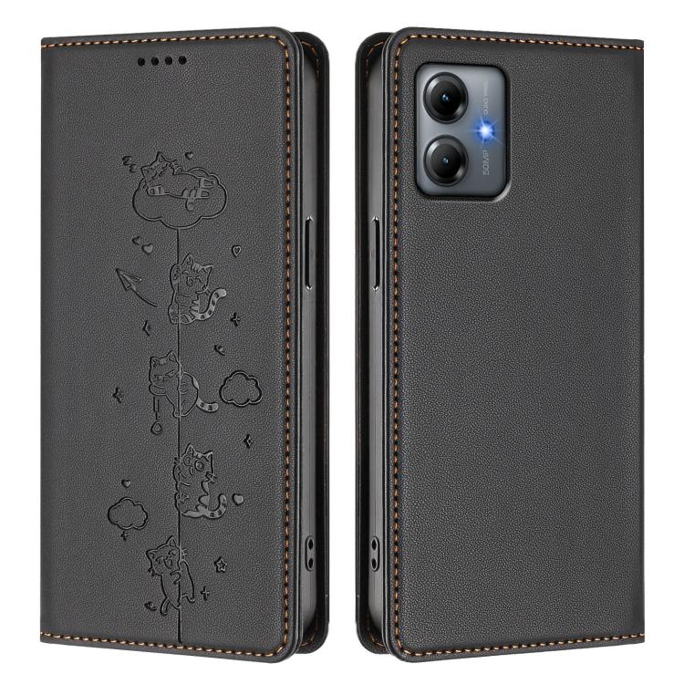 For Motorola Moto G14 4G / G64y / G54 Cute Cats Embossed Magnetic RFID Vegan Leather Phone Case