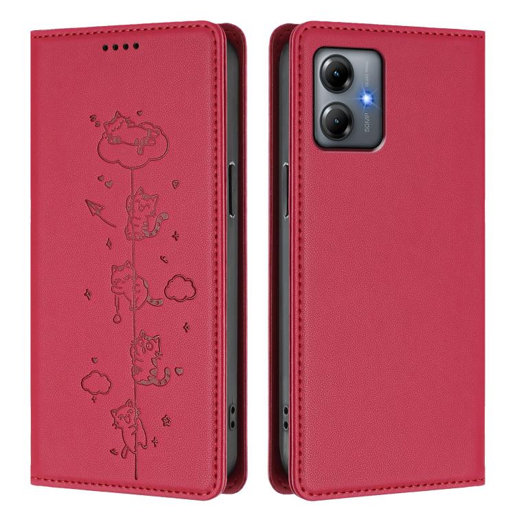 For Motorola Moto G14 4G / G64y / G54 Cute Cats Embossed Magnetic RFID Vegan Leather Phone Case