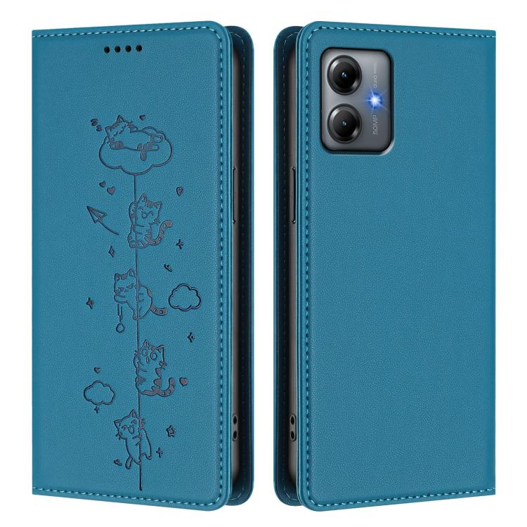 For Motorola Moto G14 4G / G64y / G54 Cute Cats Embossed Magnetic RFID Vegan Leather Phone Case