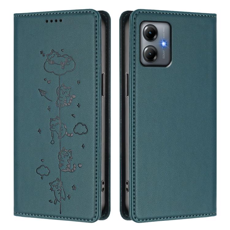 For Motorola Moto G14 4G / G64y / G54 Cute Cats Embossed Magnetic RFID Vegan Leather Phone Case