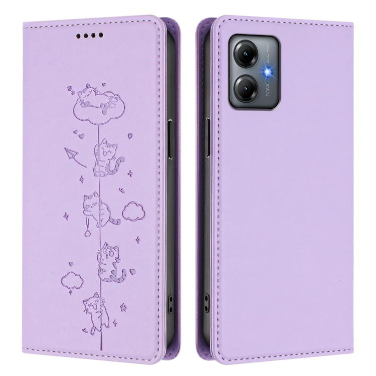 For Motorola Moto G14 4G / G64y / G54 Cute Cats Embossed Magnetic RFID Vegan Leather Phone Case