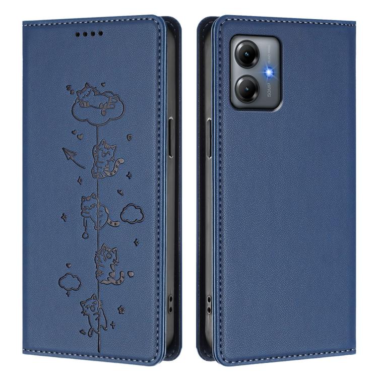 For Motorola Moto G14 4G / G64y / G54 Cute Cats Embossed Magnetic RFID Vegan Leather Phone Case