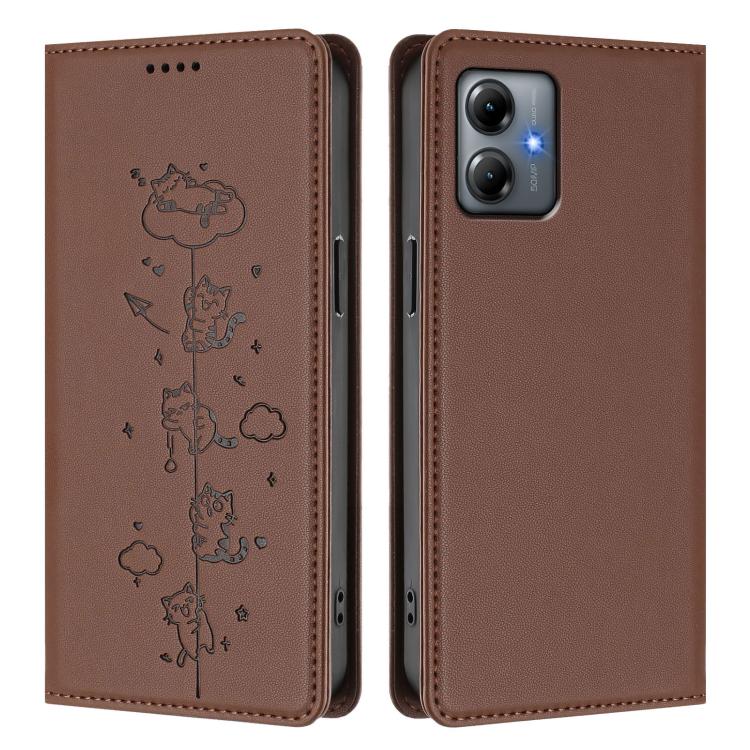 For Motorola Moto G14 4G / G64y / G54 Cute Cats Embossed Magnetic RFID Vegan Leather Phone Case