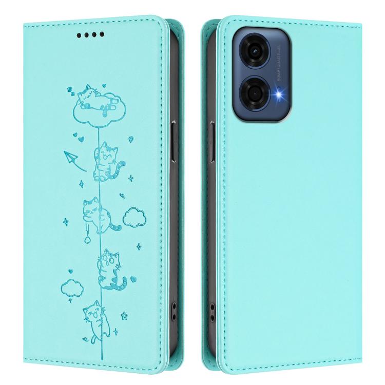For Motorola Moto G24 Power India Cute Cats Embossed Magnetic RFID Vegan Leather Phone Case