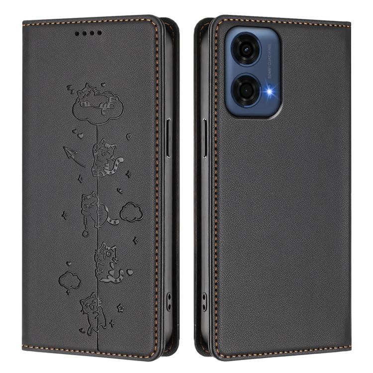 For Motorola Moto G24 Power India Cute Cats Embossed Magnetic RFID Vegan Leather Phone Case