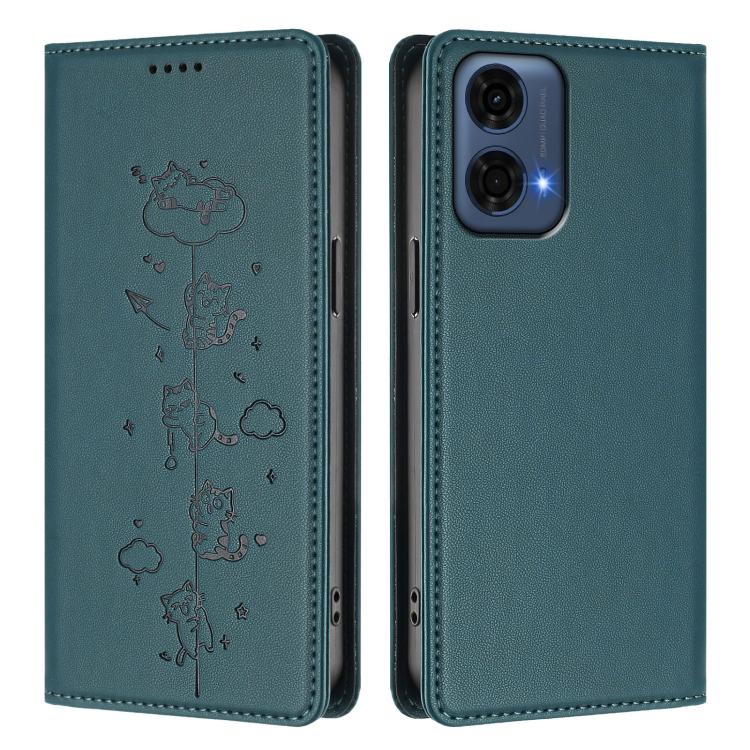 For Motorola Moto G24 Power India Cute Cats Embossed Magnetic RFID Vegan Leather Phone Case