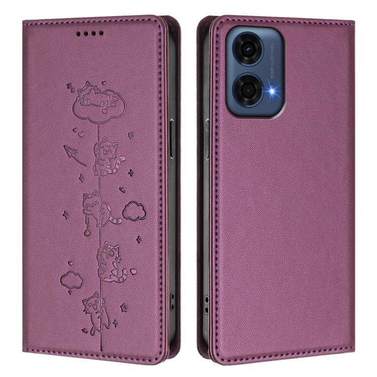 For Motorola Moto G24 Power India Cute Cats Embossed Magnetic RFID Vegan Leather Phone Case