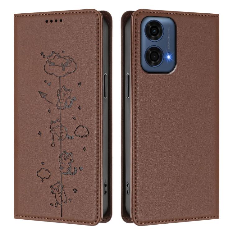 For Motorola Moto G24 Power India Cute Cats Embossed Magnetic RFID Vegan Leather Phone Case