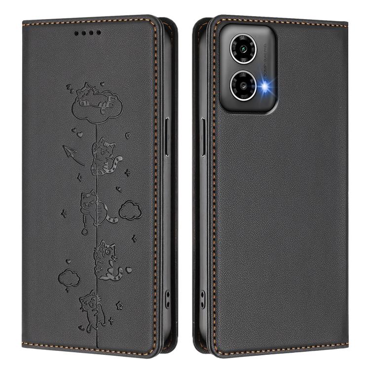 For Motorola Moto G34 5G / G45 5G Cute Cats Embossed Magnetic RFID Vegan Leather Phone Case