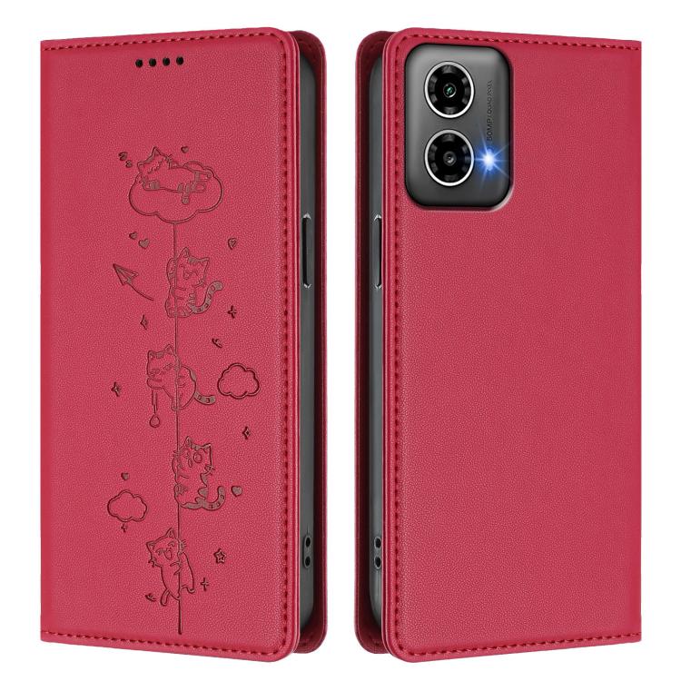 For Motorola Moto G34 5G / G45 5G Cute Cats Embossed Magnetic RFID Vegan Leather Phone Case