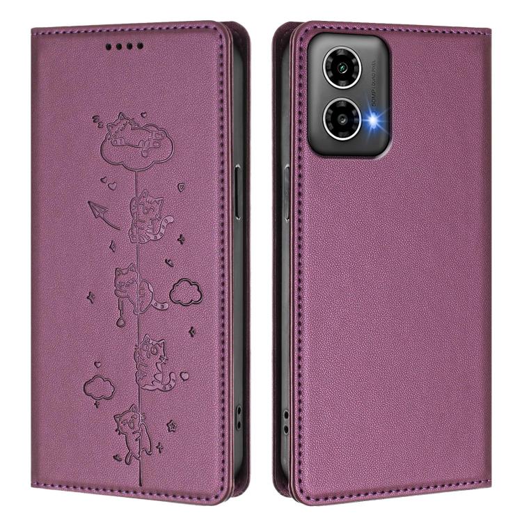 For Motorola Moto G34 5G / G45 5G Cute Cats Embossed Magnetic RFID Vegan Leather Phone Case