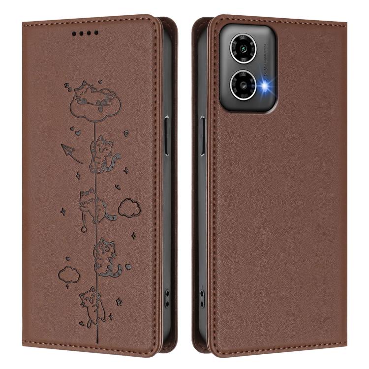 For Motorola Moto G34 5G / G45 5G Cute Cats Embossed Magnetic RFID Vegan Leather Phone Case