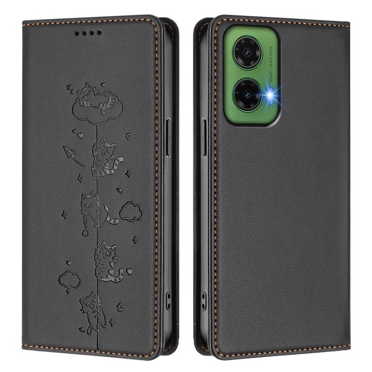 For Motorola Moto G35 5G Cute Cats Embossed Magnetic RFID Vegan Leather Phone Case