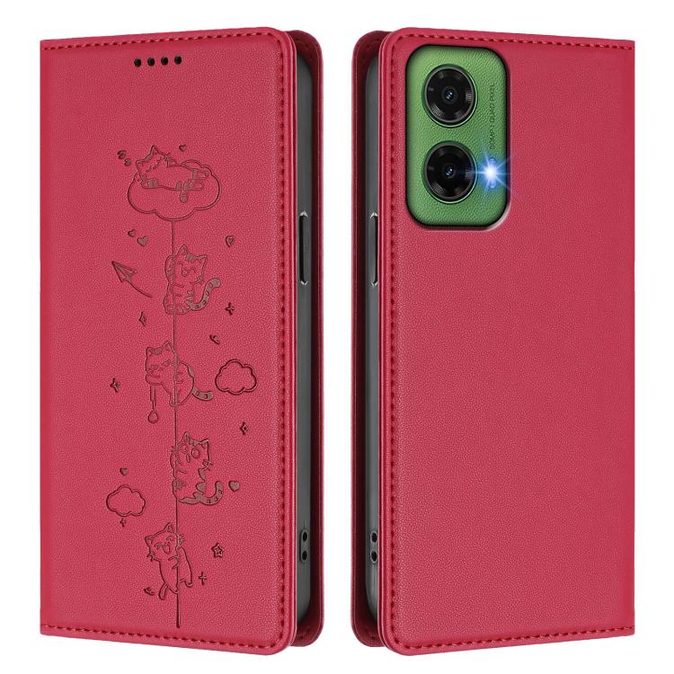 For Motorola Moto G35 5G Cute Cats Embossed Magnetic RFID Vegan Leather Phone Case