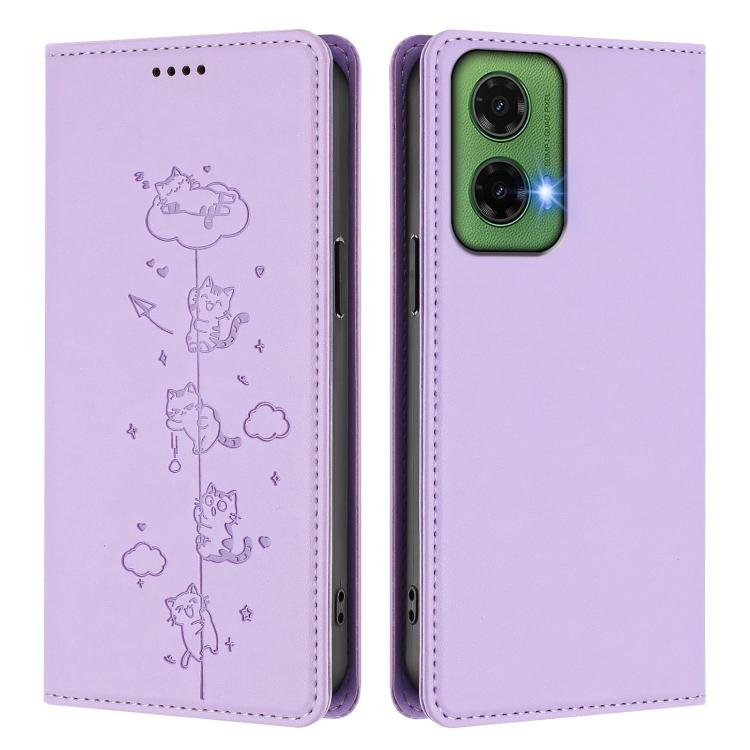 For Motorola Moto G35 5G Cute Cats Embossed Magnetic RFID Vegan Leather Phone Case