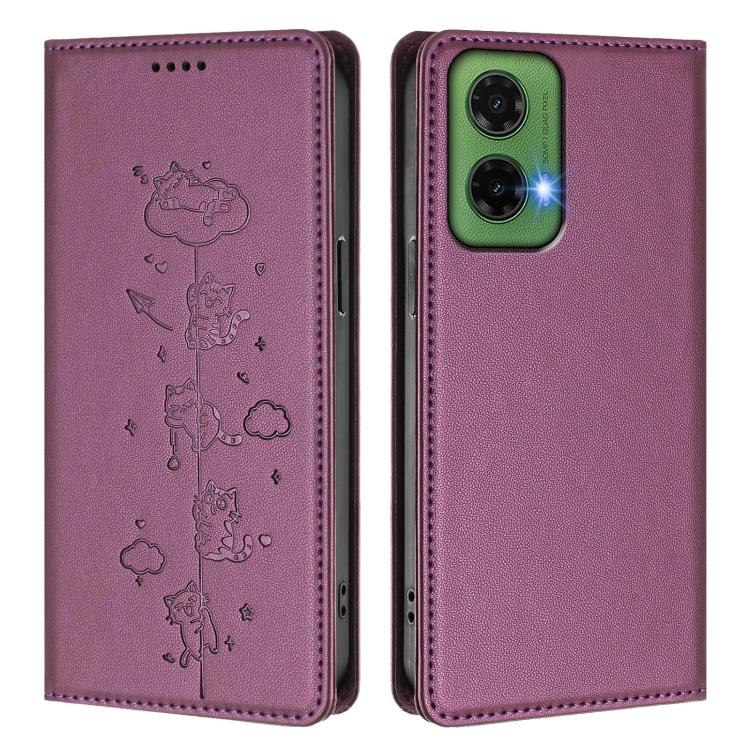 For Motorola Moto G35 5G Cute Cats Embossed Magnetic RFID Vegan Leather Phone Case