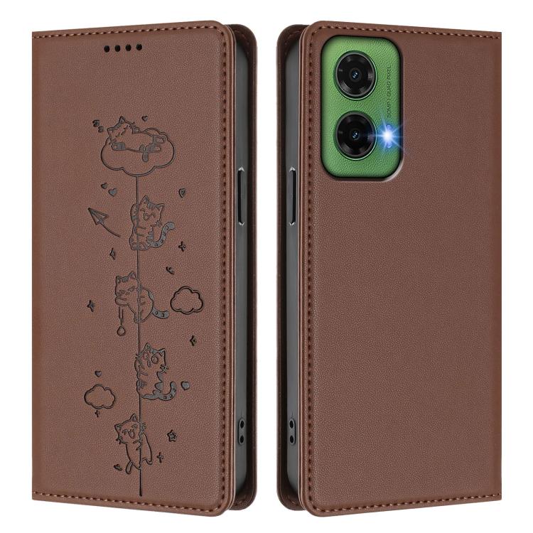 For Motorola Moto G35 5G Cute Cats Embossed Magnetic RFID Vegan Leather Phone Case