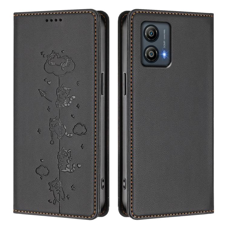 For Motorola Moto G53 5G / G13 4G Cute Cats Embossed Magnetic RFID Vegan Leather Phone Case