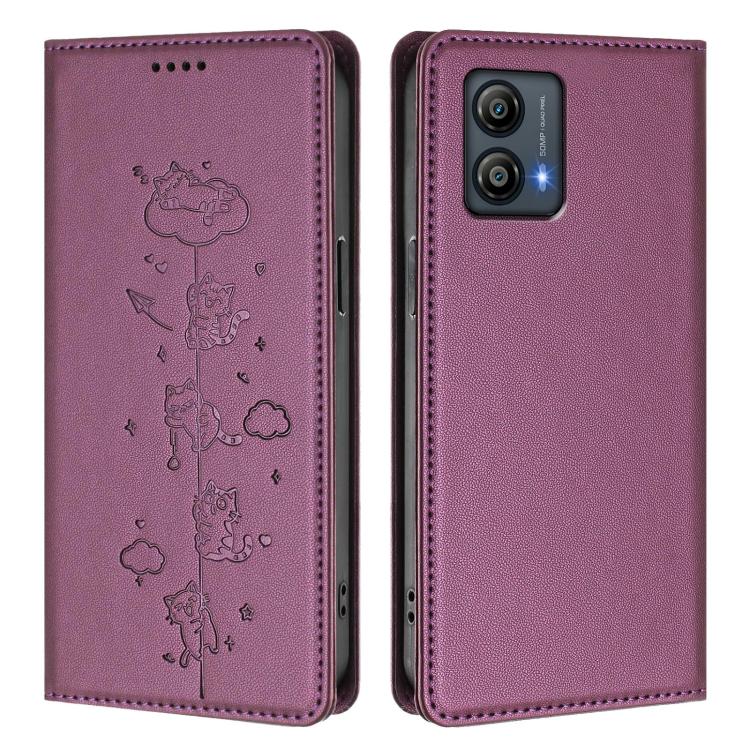 For Motorola Moto G53 5G / G13 4G Cute Cats Embossed Magnetic RFID Vegan Leather Phone Case
