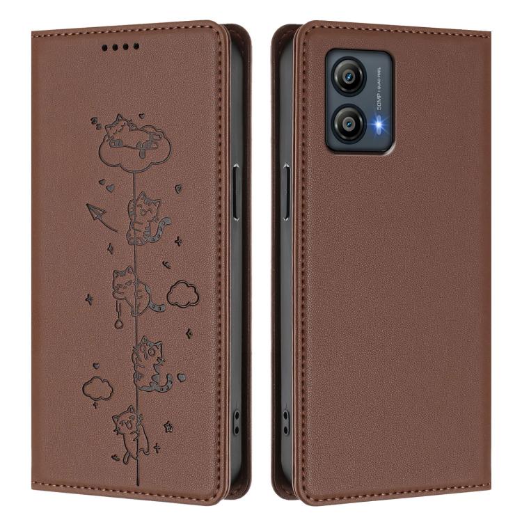 For Motorola Moto G53 5G / G13 4G Cute Cats Embossed Magnetic RFID Vegan Leather Phone Case