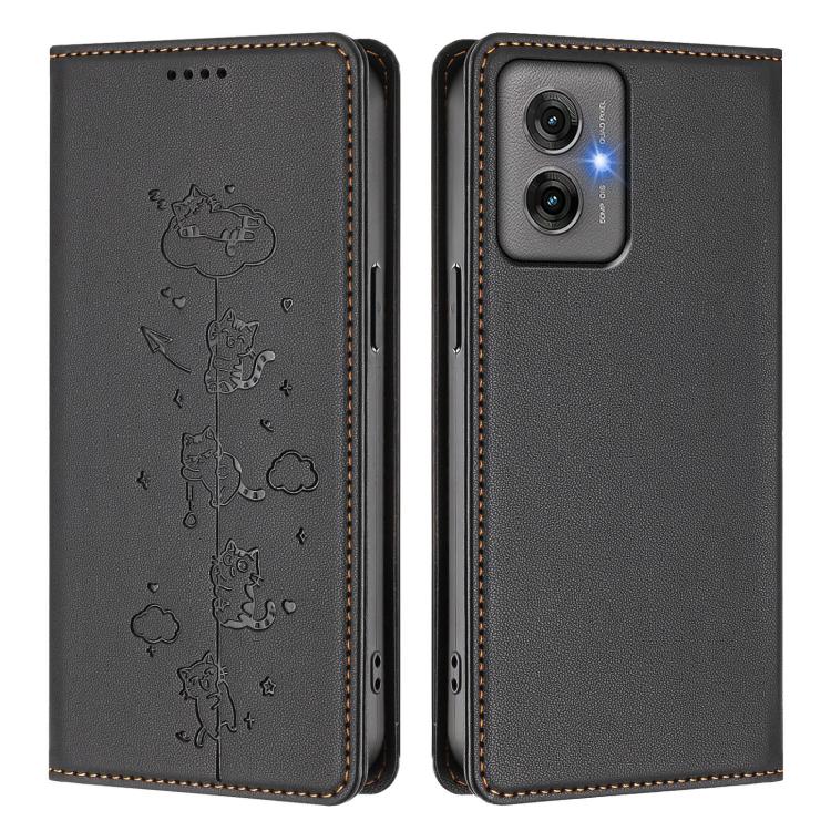 For Motorola Moto G55 5G Cute Cats Embossed Magnetic RFID Vegan Leather Phone Case