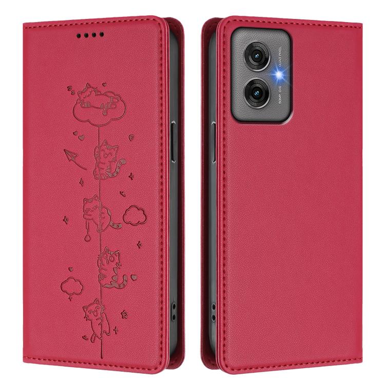 For Motorola Moto G55 5G Cute Cats Embossed Magnetic RFID Vegan Leather Phone Case