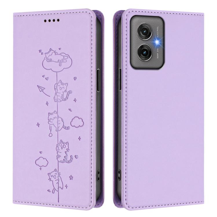 For Motorola Moto G55 5G Cute Cats Embossed Magnetic RFID Vegan Leather Phone Case