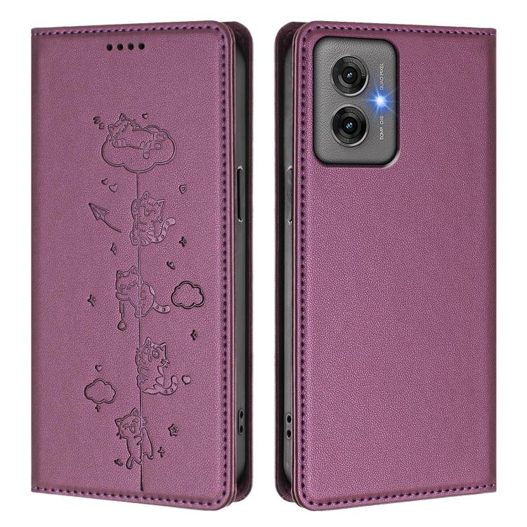 For Motorola Moto G55 5G Cute Cats Embossed Magnetic RFID Vegan Leather Phone Case