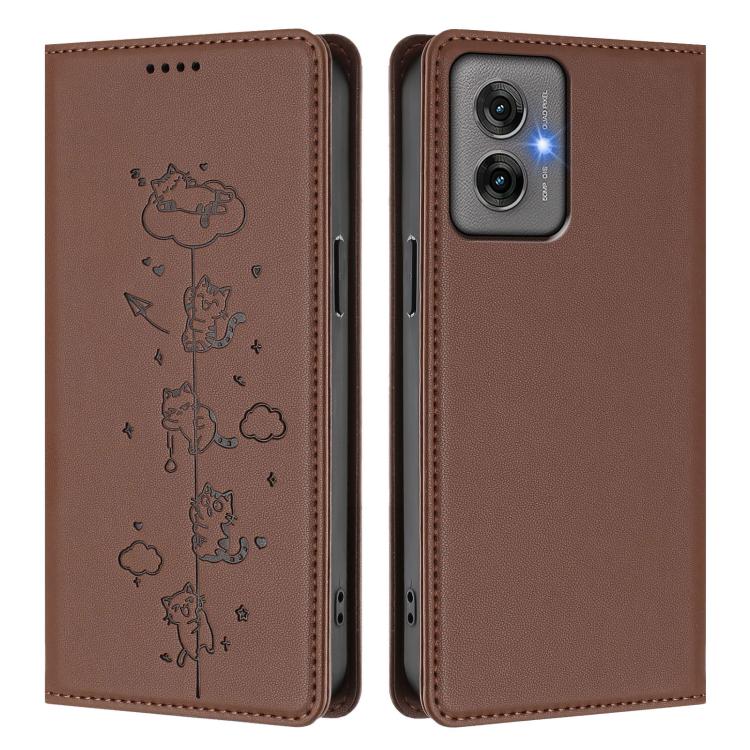 For Motorola Moto G55 5G Cute Cats Embossed Magnetic RFID Vegan Leather Phone Case