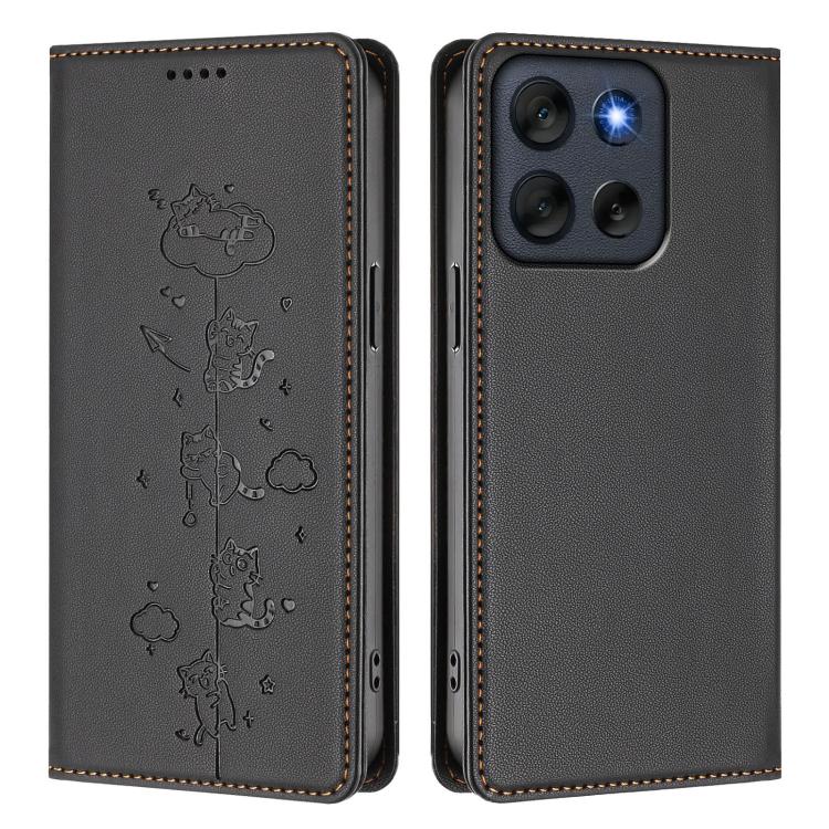 For Motorola Moto G56 5G / G66J Cute Cats Embossed Magnetic RFID Vegan Leather Phone Case