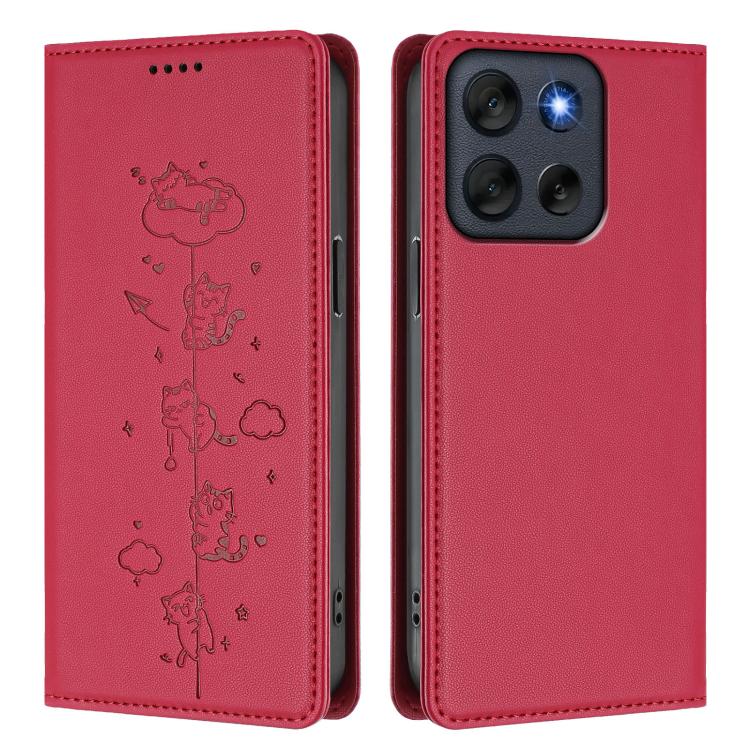 For Motorola Moto G56 5G / G66J Cute Cats Embossed Magnetic RFID Vegan Leather Phone Case