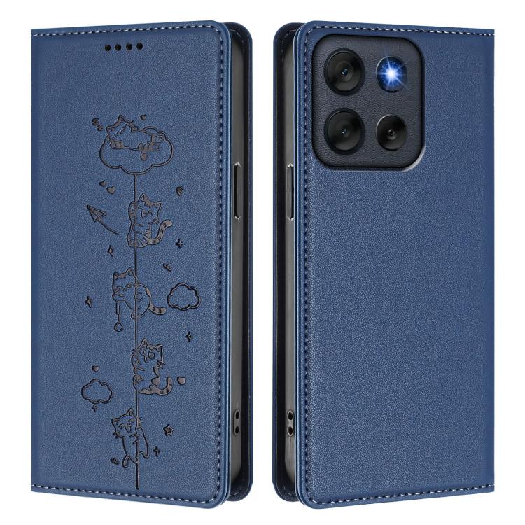 For Motorola Moto G56 5G / G66J Cute Cats Embossed Magnetic RFID Vegan Leather Phone Case