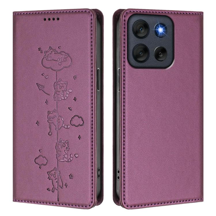 For Motorola Moto G56 5G / G66J Cute Cats Embossed Magnetic RFID Vegan Leather Phone Case