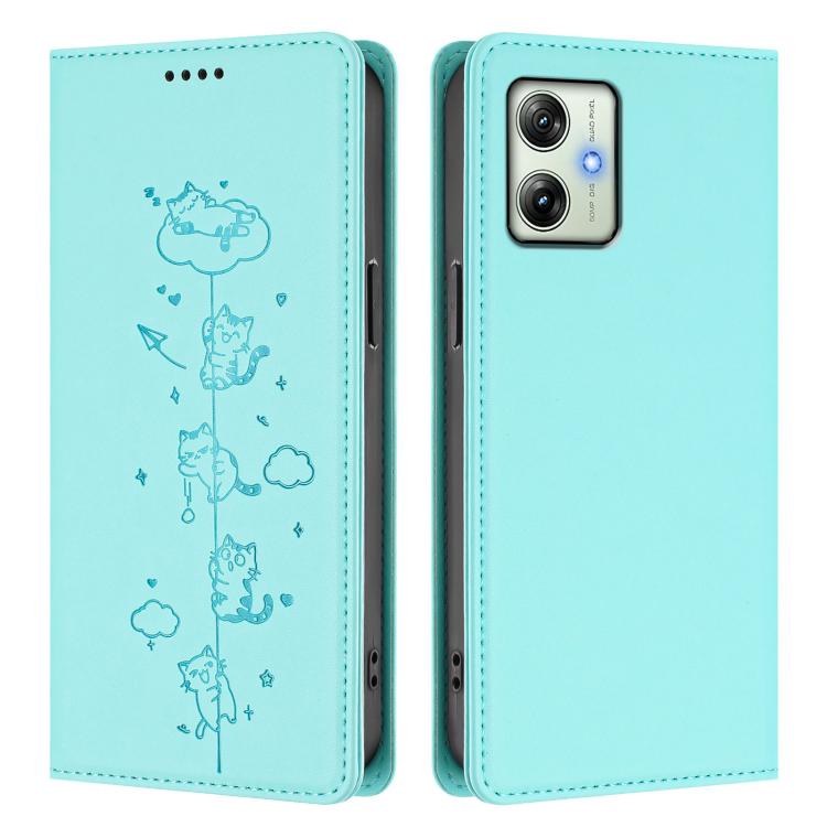For Motorola Moto G64 India Cute Cats Embossed Magnetic RFID Vegan Leather Phone Case