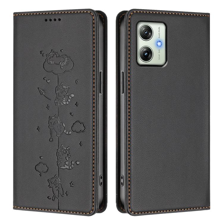 For Motorola Moto G64 India Cute Cats Embossed Magnetic RFID Vegan Leather Phone Case