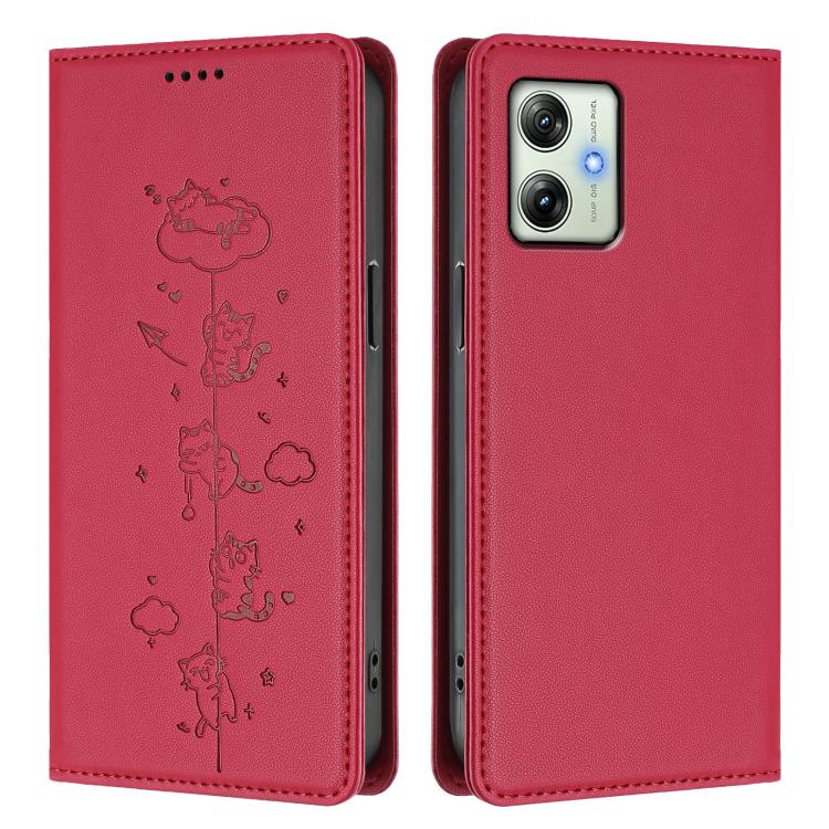 For Motorola Moto G64 India Cute Cats Embossed Magnetic RFID Vegan Leather Phone Case