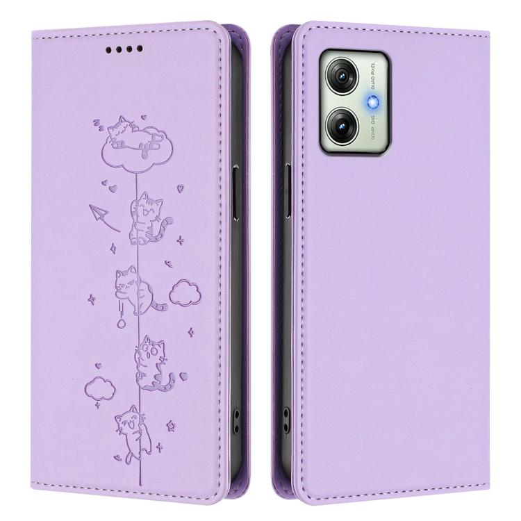 For Motorola Moto G64 India Cute Cats Embossed Magnetic RFID Vegan Leather Phone Case