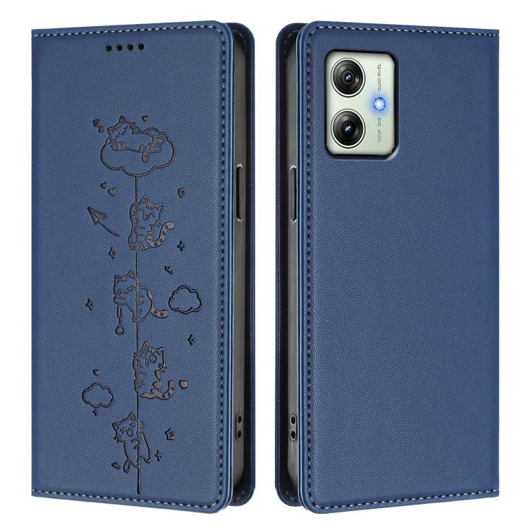 For Motorola Moto G64 India Cute Cats Embossed Magnetic RFID Vegan Leather Phone Case