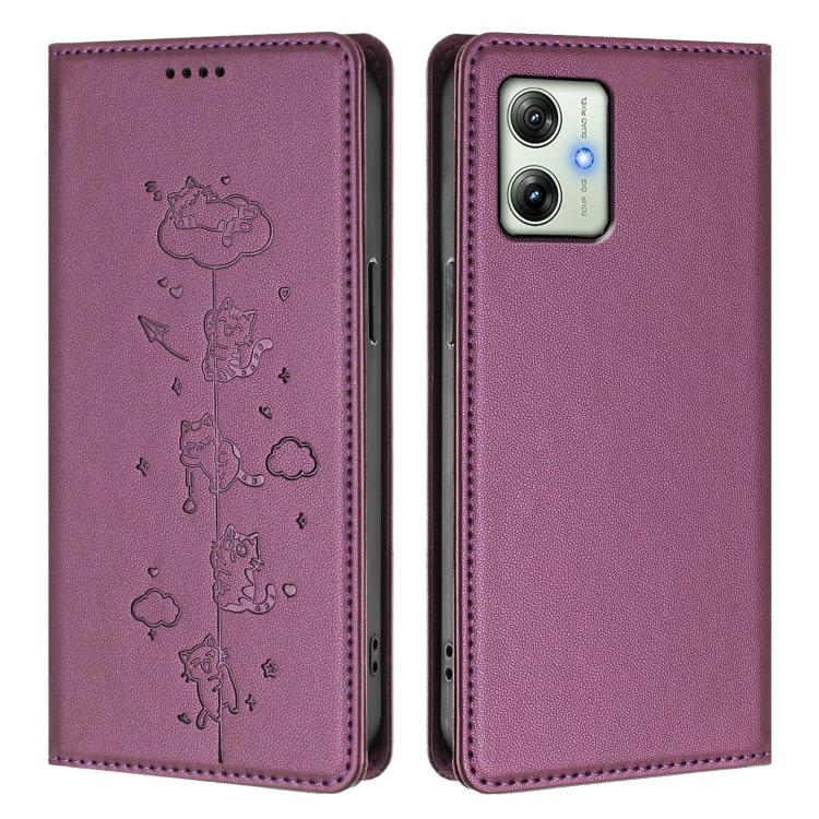 For Motorola Moto G64 India Cute Cats Embossed Magnetic RFID Vegan Leather Phone Case